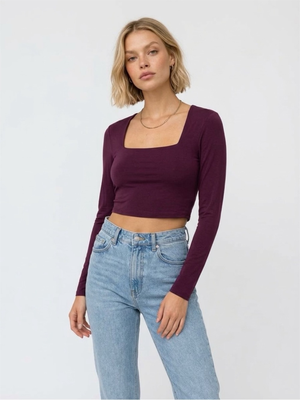 Klassy Network Square Neck Long Sleeve Crop Top in Plum